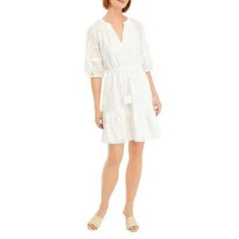NWT $168 Vince Camuto White Eyelet Embroidered Midi Dress Belted Tassel SZ 10